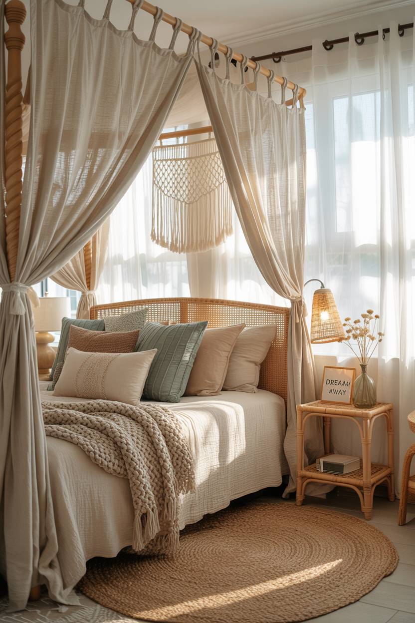 22 Boho Coastal Bedroom Ideas for a Breezy, Chic Retreat 9 A coastal bedroom with a four-poster bed and "Dream Away" message on bedside decor