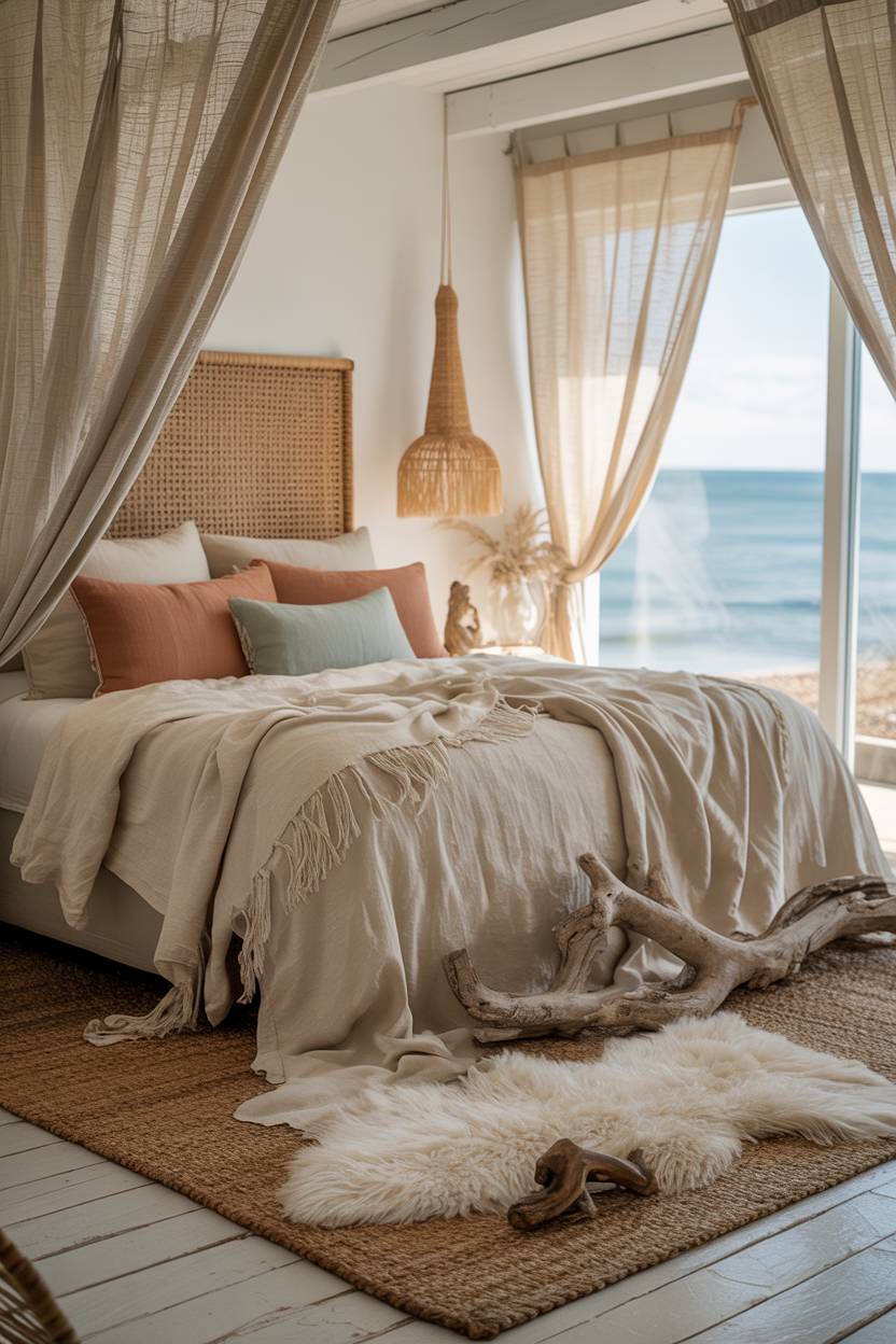 22 Boho Coastal Bedroom Ideas for a Breezy, Chic Retreat 10 A king-sized bed with seafoam green pillows and distant ocean views