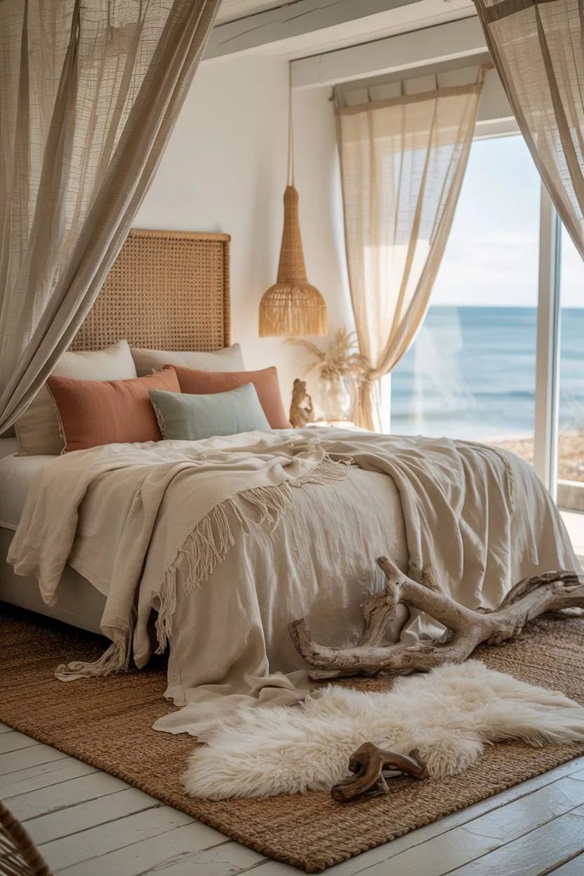 A king-sized bed with seafoam green pillows and distant ocean views