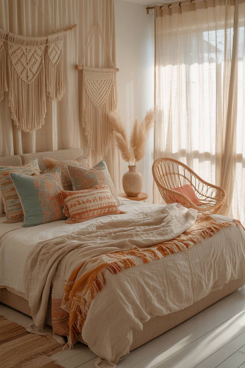 22 Boho Coastal Bedroom Ideas for a Breezy, Chic Retreat 11 A boho coastal bedroom with vintage rattan chair and pampas grass arrangement