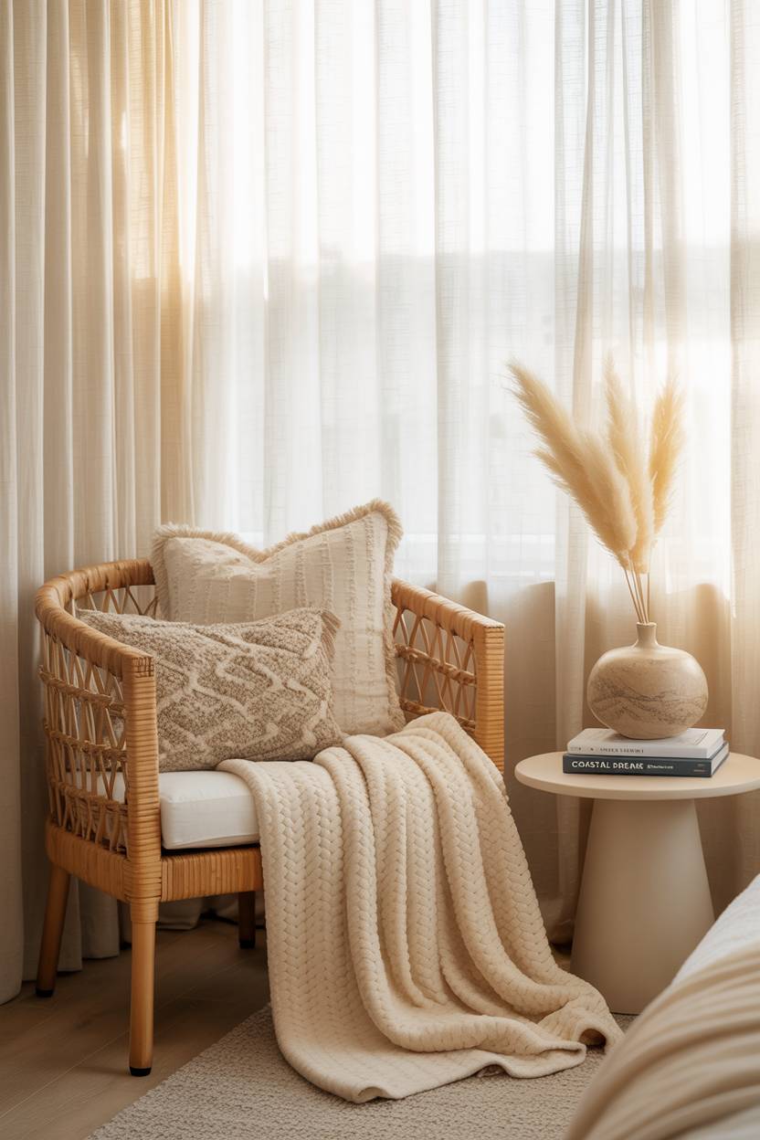 22 Boho Coastal Bedroom Ideas for a Breezy, Chic Retreat 12 A woven rattan chair with throw blanket and "Coastal Dreams" book