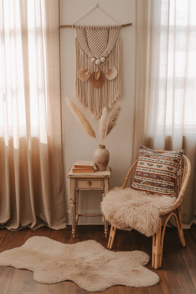 22 Boho Coastal Bedroom Ideas for a Breezy, Chic Retreat 13 A bedroom corner with macrame wall hanging, seashells and antique wooden nightstand