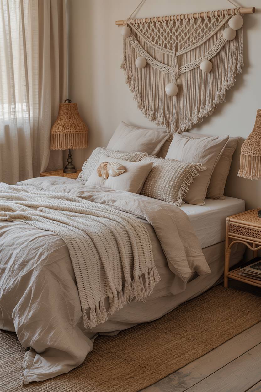22 Boho Coastal Bedroom Ideas for a Breezy, Chic Retreat 14 A boho coastal bedroom with sandy beige bedding and seashell accent pillows
