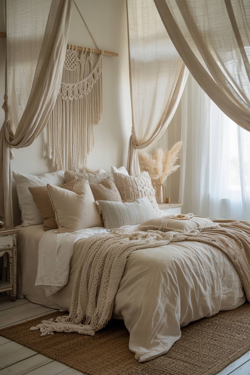 22 Boho Coastal Bedroom Ideas for a Breezy, Chic Retreat 15 A coastal bedroom with queen-sized bed, white linens and light blue accents