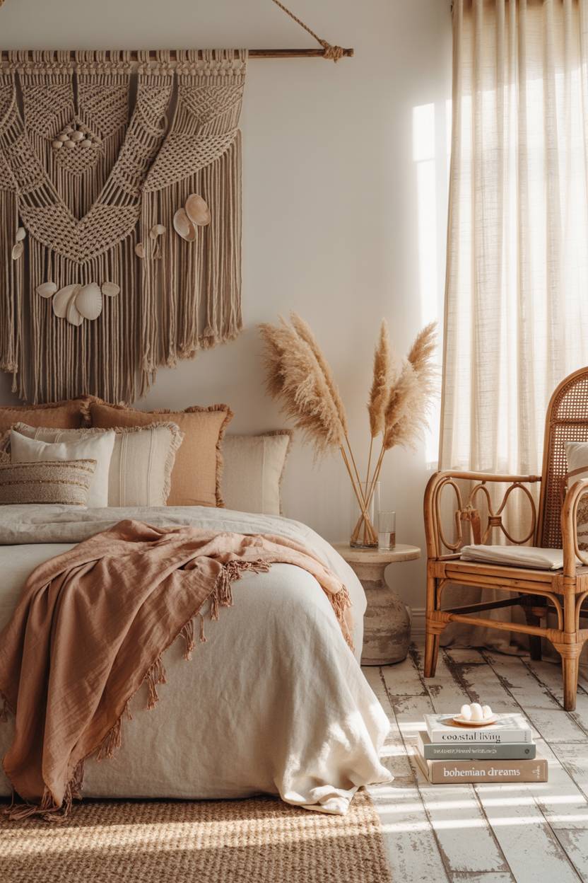 22 Boho Coastal Bedroom Ideas for a Breezy, Chic Retreat 16 A boho coastal bedroom with coral and cream color scheme and "Bohemian Dreams" book