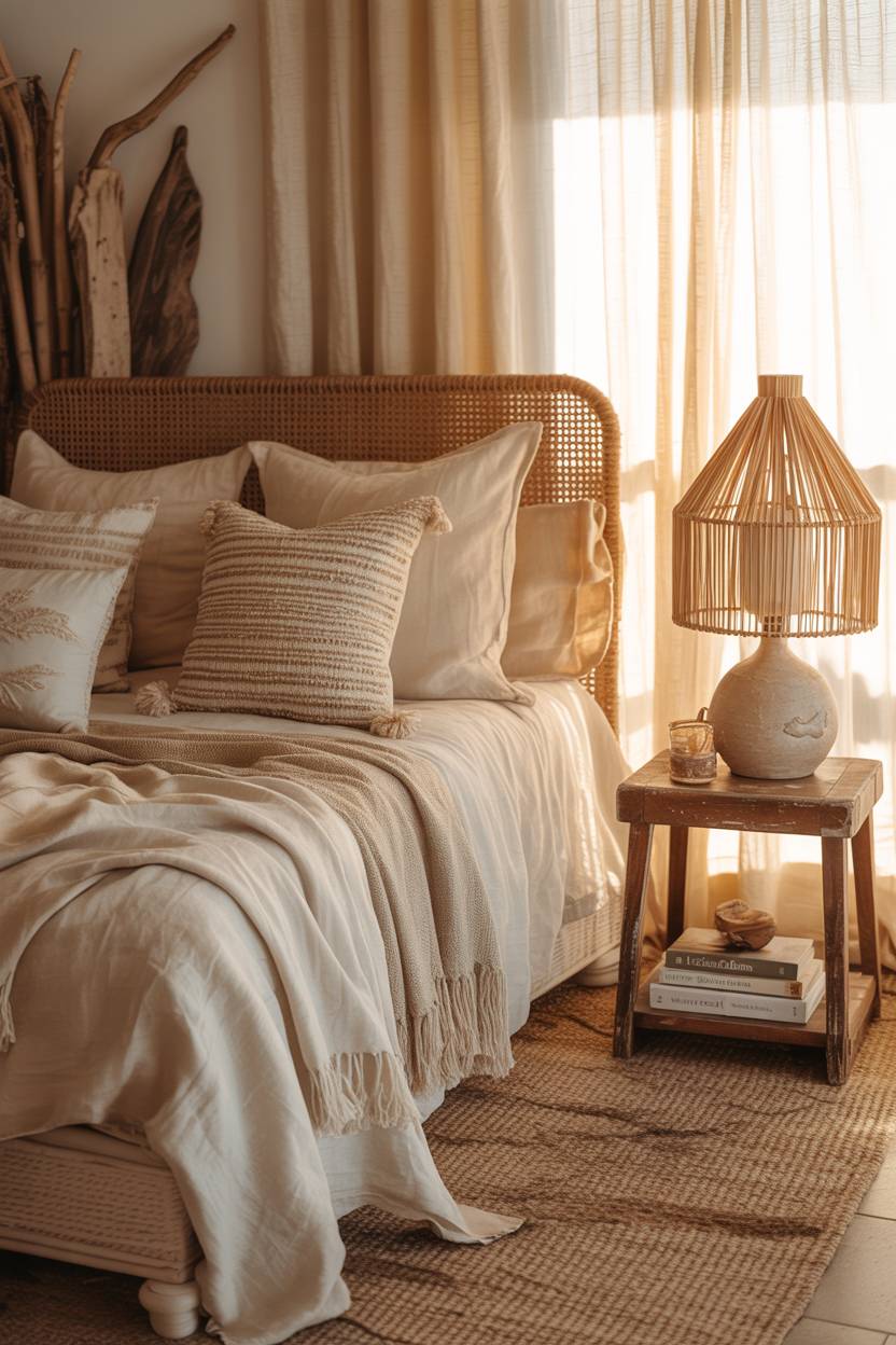 22 Boho Coastal Bedroom Ideas for a Breezy, Chic Retreat 17 A boho coastal bedroom in warm sunset light with "Coastal Dreams" book
