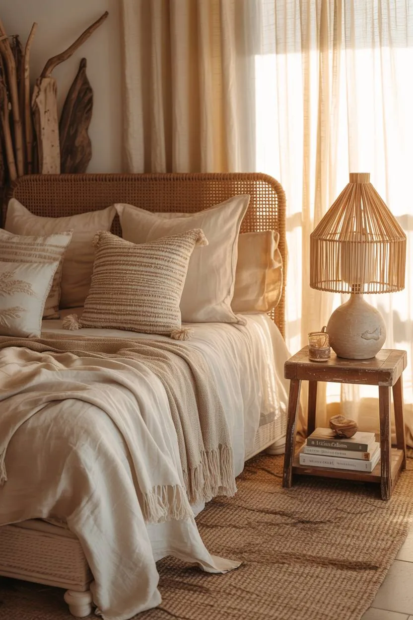 A boho coastal bedroom in warm sunset light with "Coastal Dreams" book