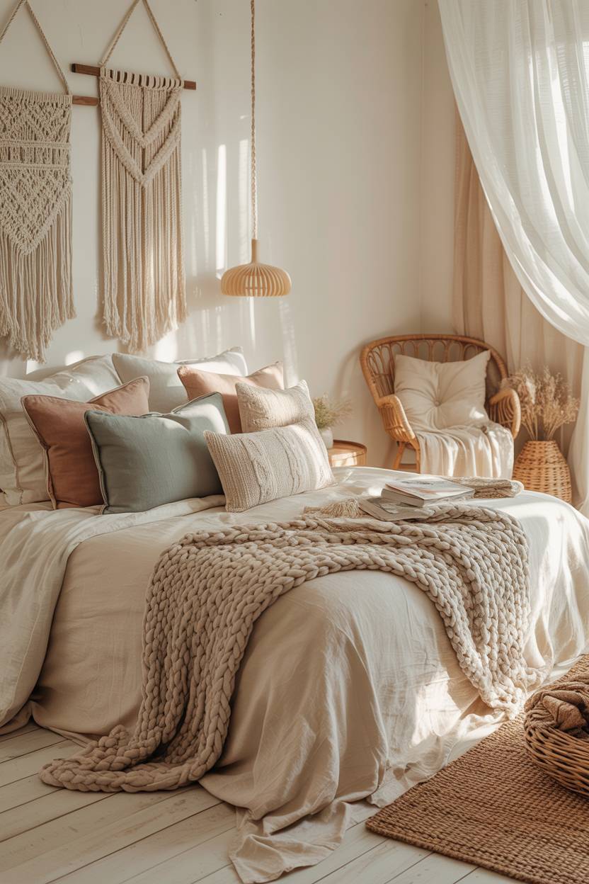 22 Boho Coastal Bedroom Ideas for a Breezy, Chic Retreat 18 A serene bedroom with seafoam green, sand, and blush pink pillows