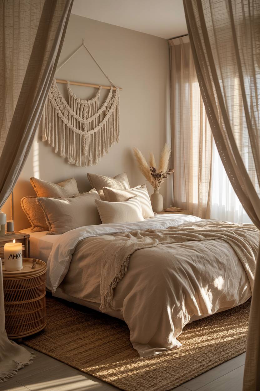 22 Boho Coastal Bedroom Ideas for a Breezy, Chic Retreat 19 A coastal boho bedroom with macrame wall hanging and "amor" candle