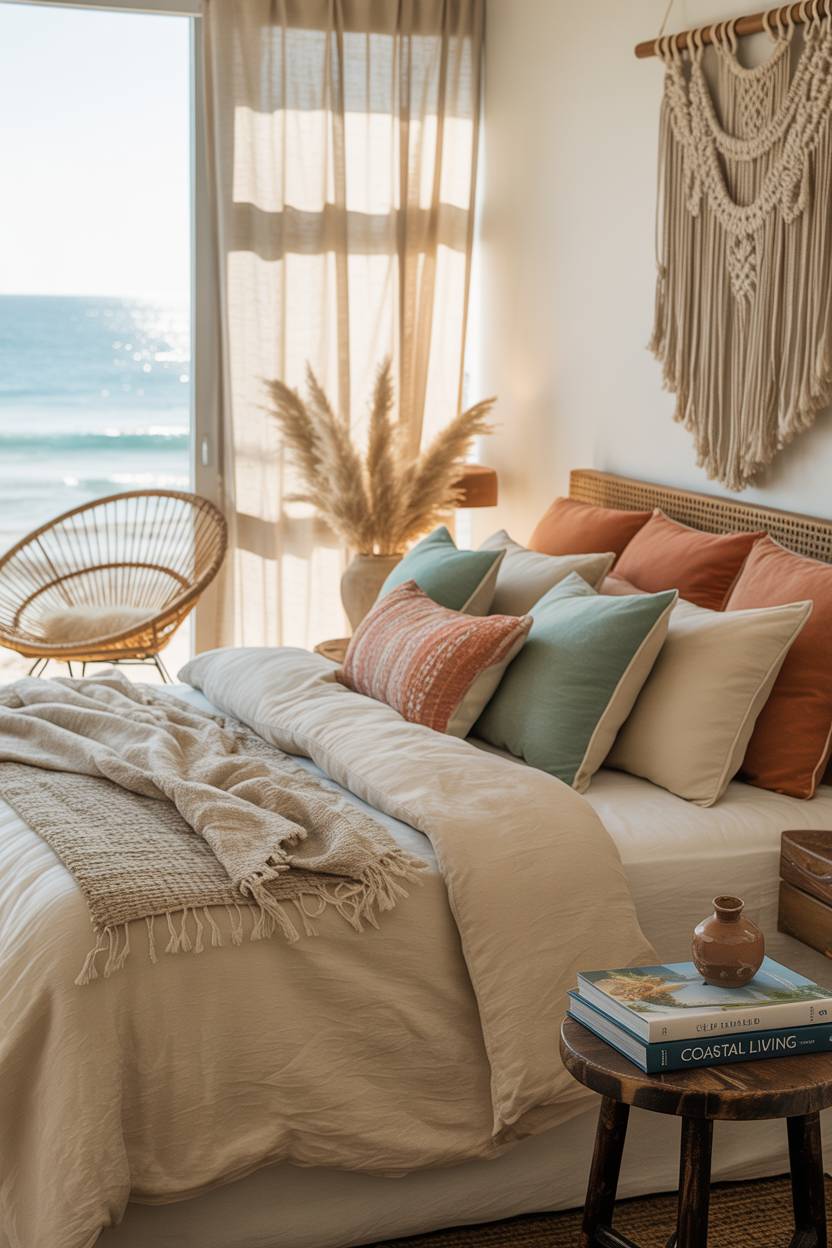 22 Boho Coastal Bedroom Ideas for a Breezy, Chic Retreat 20 A king-size bed with turquoise and coral pillows and ocean view