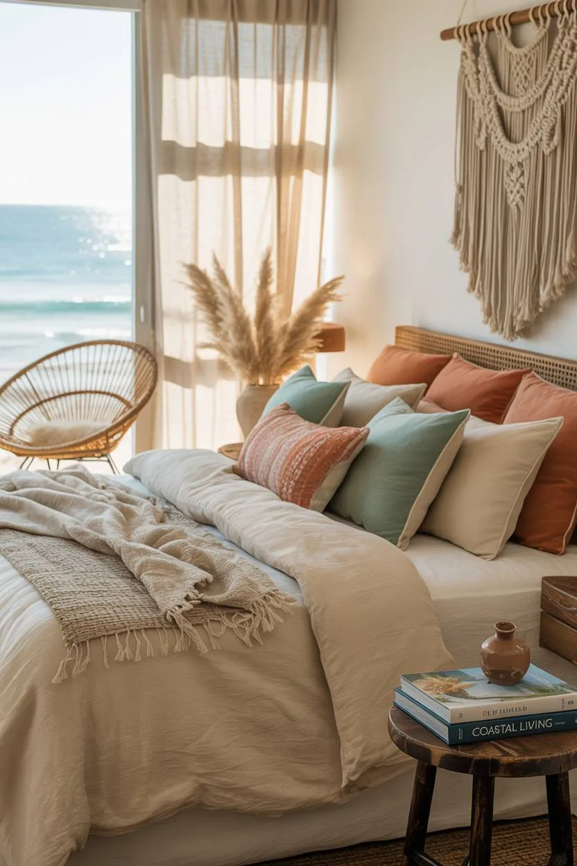 A king-size bed with turquoise and coral pillows and ocean view