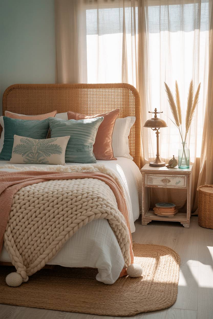 22 Boho Coastal Bedroom Ideas for a Breezy, Chic Retreat 21 A coastal bedroom with chunky knit throw and seafoam green walls