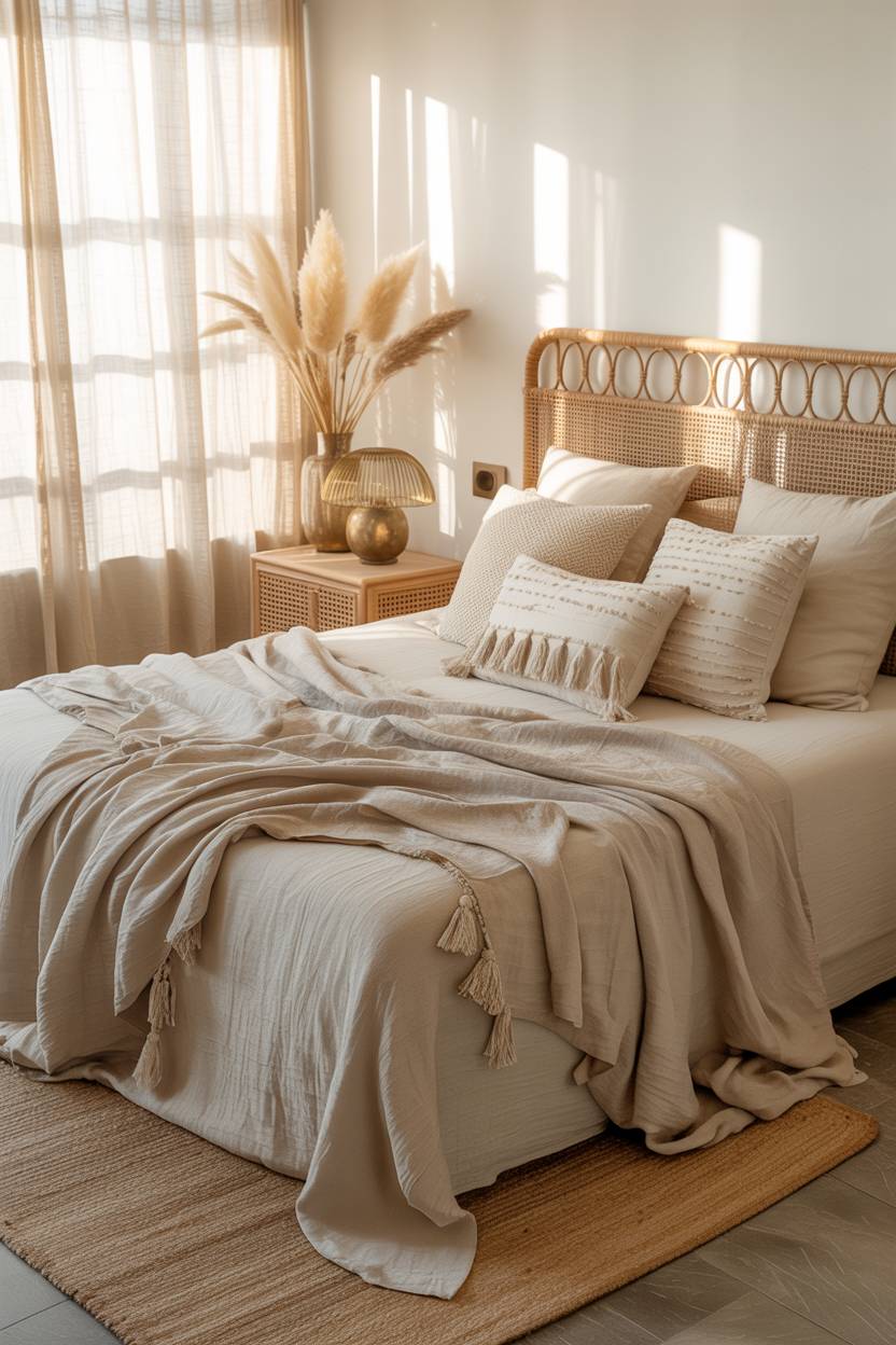 22 Boho Coastal Bedroom Ideas for a Breezy, Chic Retreat 22 A king-sized bed with tasseled throw pillows and vintage brass lamp