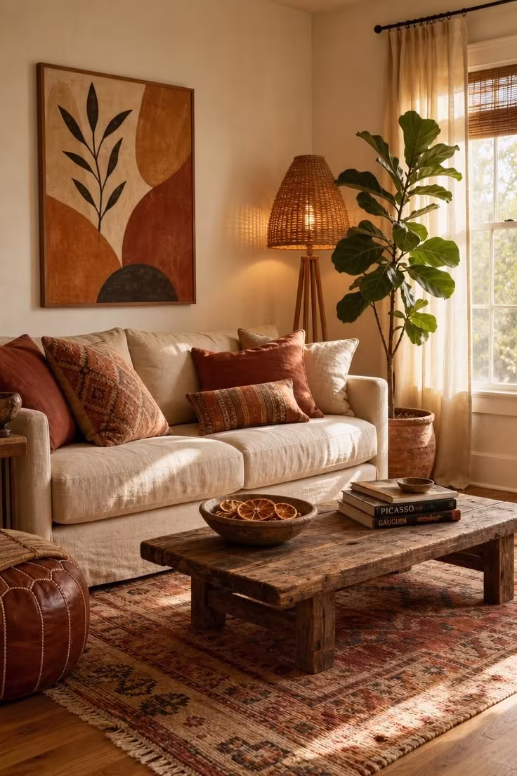 7 Boho Color Palette Mistakes That Make a Room Feel Cluttered Instead of Cozy 1 A warm boho living room with a cream linen sofa, terracotta pillows, a vintage kilim rug, and golden afternoon light streaming through cotton curtains