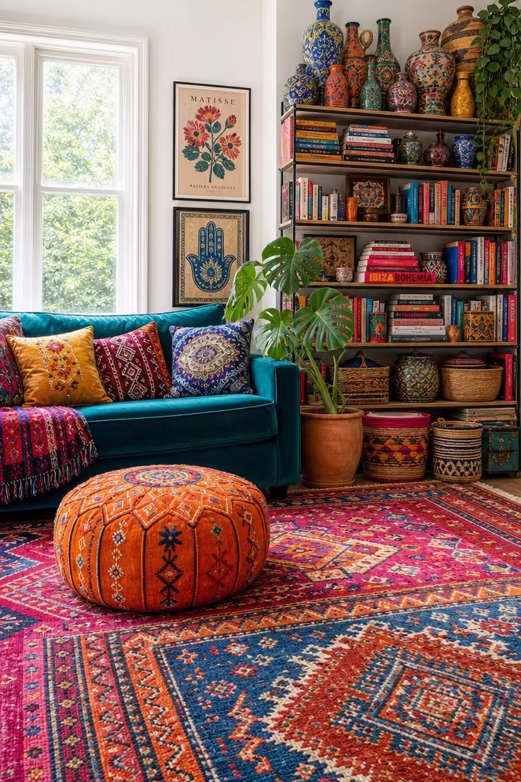 7 Boho Color Palette Mistakes That Make a Room Feel Cluttered Instead of Cozy 3 A brightly lit boho living room with a teal sofa, colorful patterned cushions, and layered rugs showing a maximalist palette that needs more neutral breathing room
