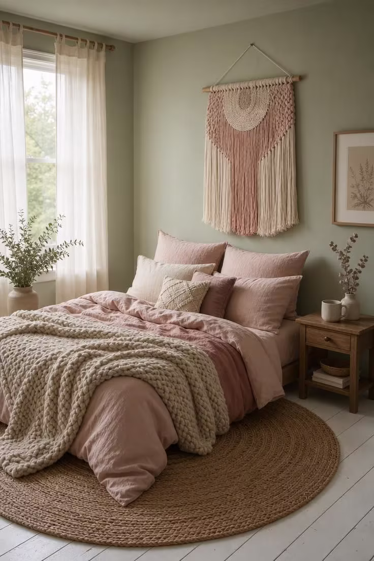 7 Boho Color Palette Mistakes That Make a Room Feel Cluttered Instead of Cozy 4 A soft boho bedroom with pale sage walls, blush linen bedding, and diffused natural light showing a restful room-specific palette