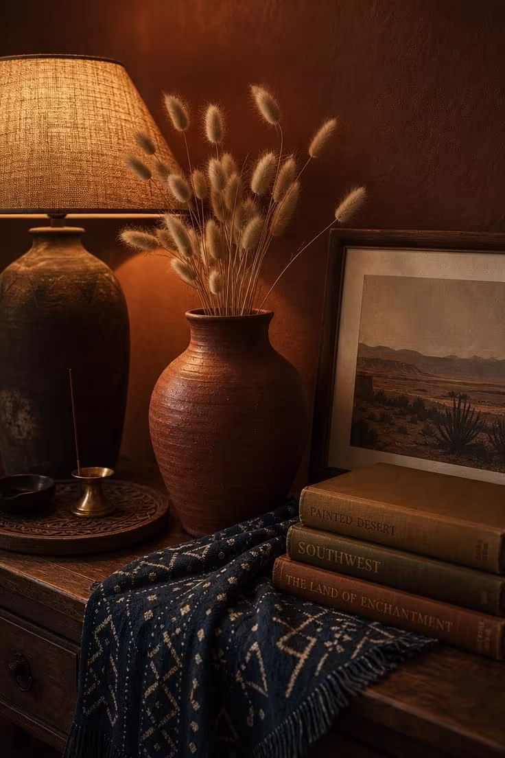 7 Boho Color Palette Mistakes That Make a Room Feel Cluttered Instead of Cozy 5 A moody boho console table arrangement with deep terracotta ceramics, dried grasses, vintage books, and warm amber lamp light