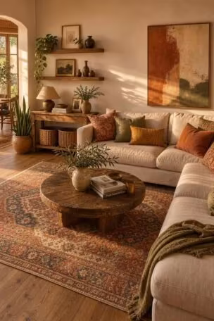 A warm boho living room with a cream sectional, terracotta and sage pillows, a vintage Persian rug, and golden afternoon light showing a balanced bohemian color palette