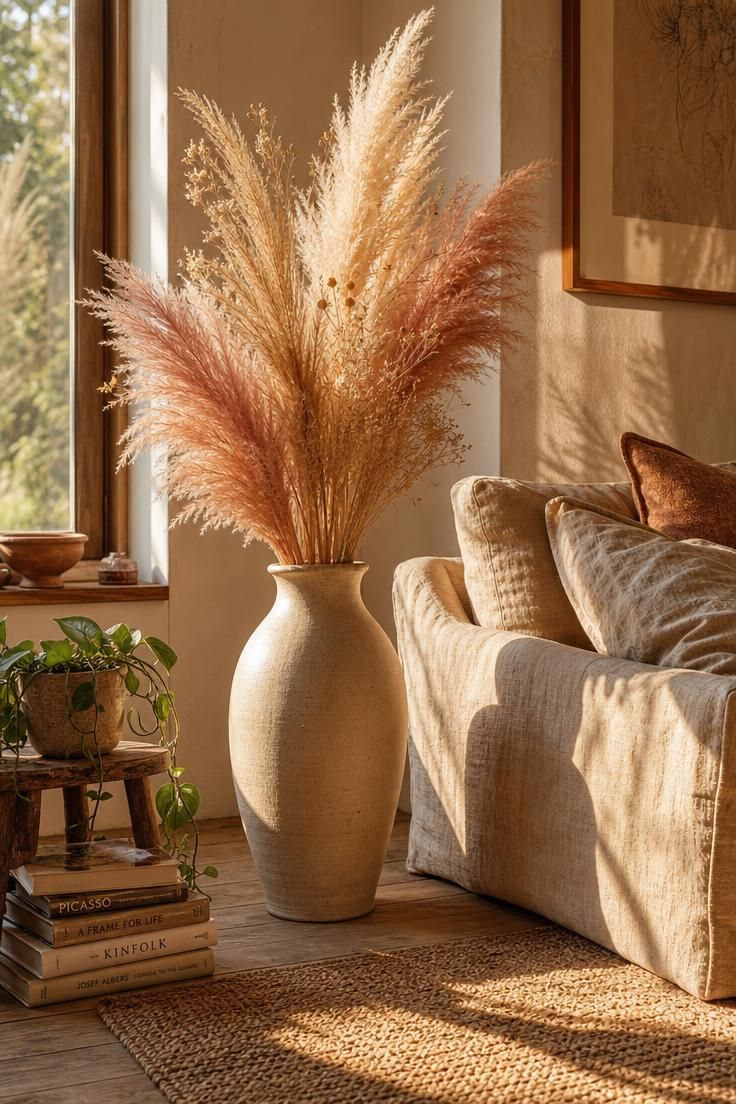 Dried pampas grass in a ceramic floor vase in a boho living room corner with warm fall light.
