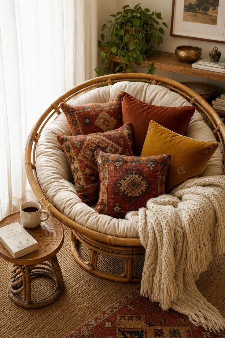 Rattan papasan chair layered with rust and mustard kilim pillows in a boho fall reading corner.