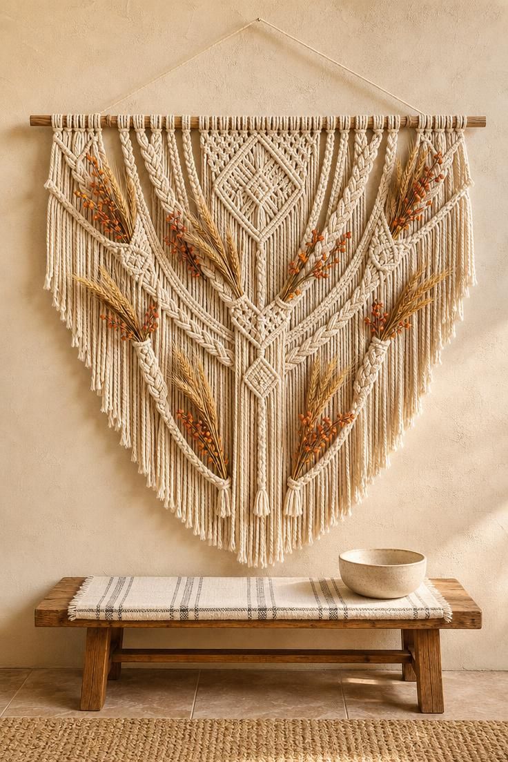 Cream macrame wall hanging layered with dried wheat bundles on a warm plaster wall in bright fall light.