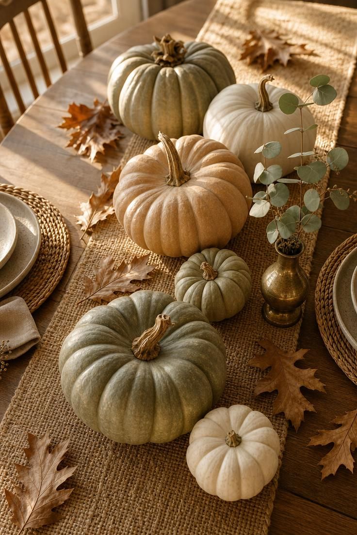 Muted heirloom pumpkins grouped on a woven jute table runner with golden fall light on a boho dining table.