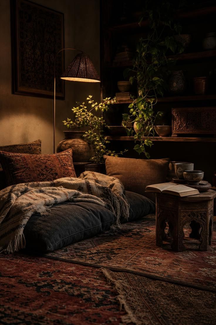 Fringed wool throw draped over floor cushions in a moody boho nook lit by a single corner lamp.