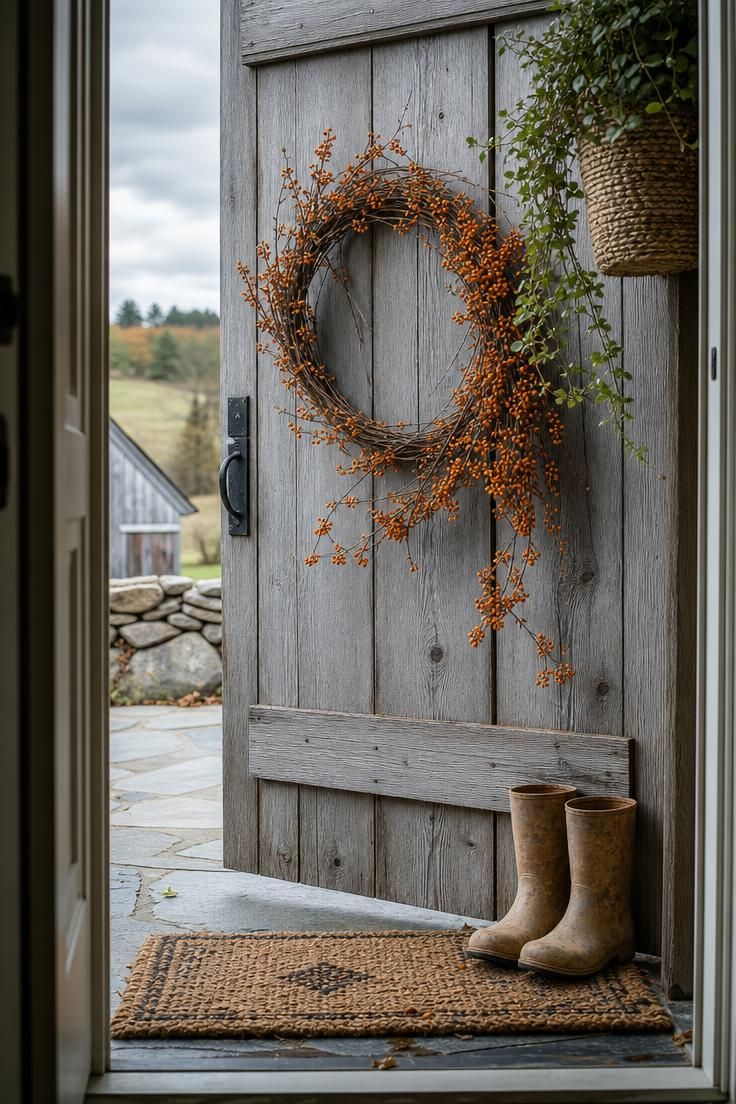Bittersweet vine wreath with orange berries on a weathered barn wood door in cool overcast fall light.