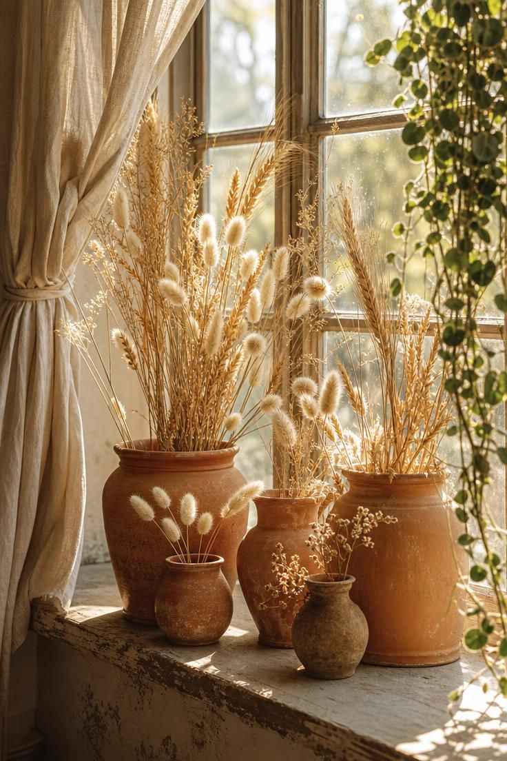 Cluster of terracotta pots with dried grasses and bunny tails backlit by golden fall light on a windowsill.