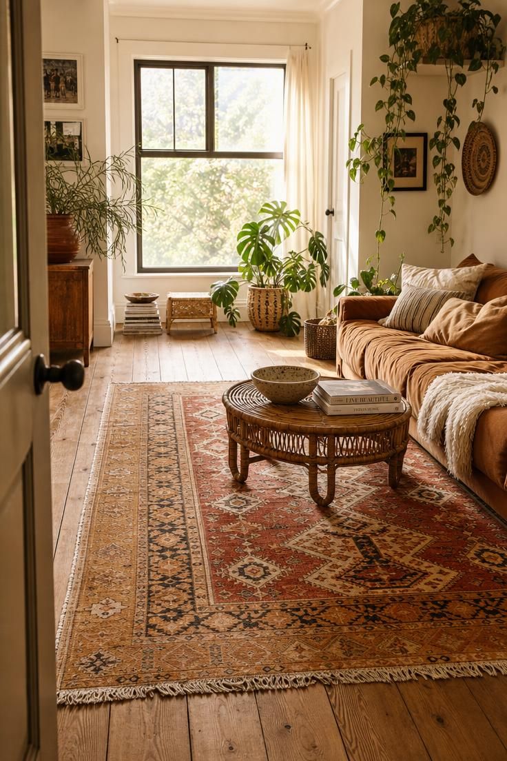 Layered vintage rugs in ochre and clay over wide-plank oak floors in a bright boho living room.