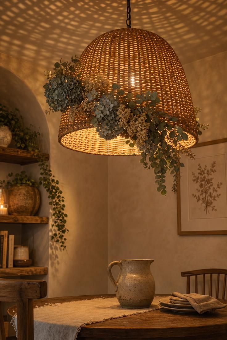 Woven rattan pendant light with a dried hydrangea swag glowing warmly over a boho dining nook.