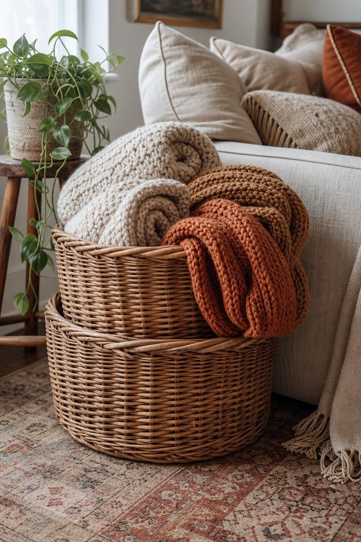 Stacked wicker baskets filled with chunky knit blankets in oatmeal and rust beside a boho sofa.