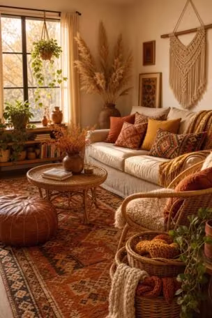 Cozy bohemian living room decorated for fall with layered rugs, pampas grass, kilim pillows, and knit blankets in warm earthy tones.
