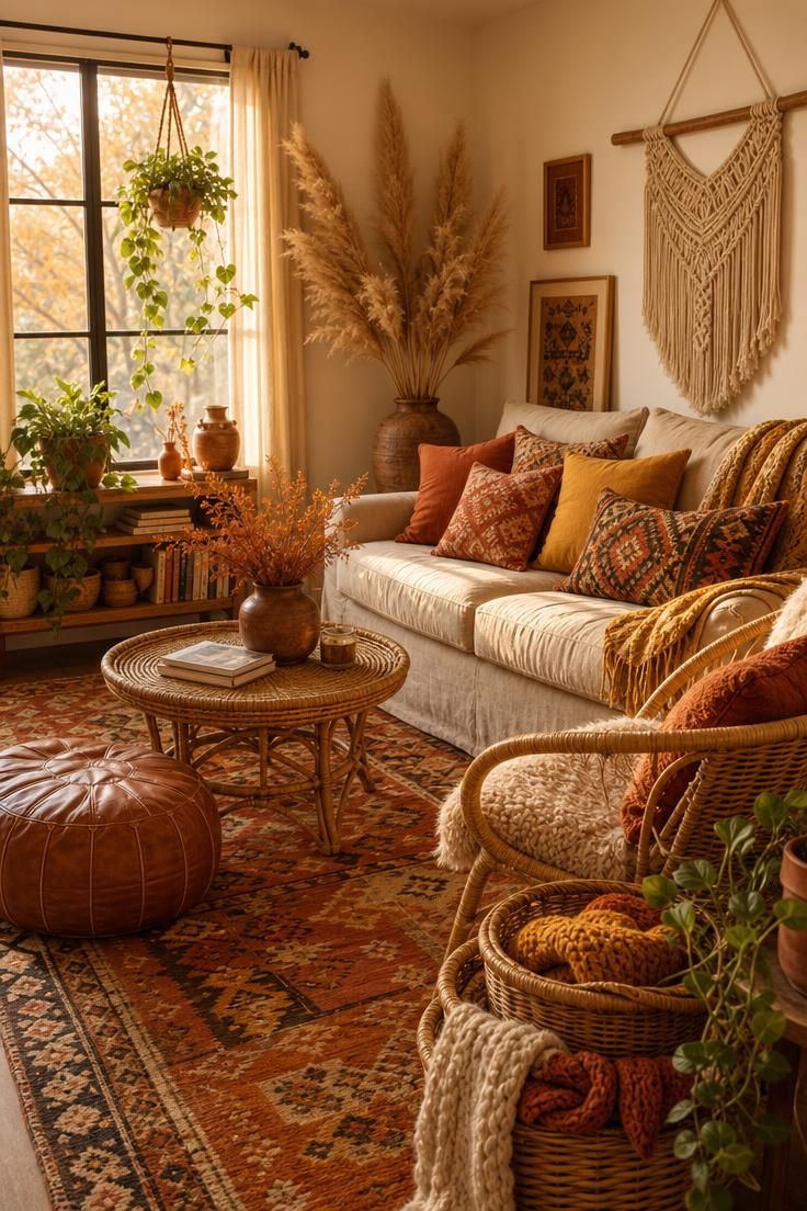 Simple Spaces 15 Cozy bohemian living room decorated for fall with layered rugs, pampas grass, kilim pillows, and knit blankets in warm earthy tones.