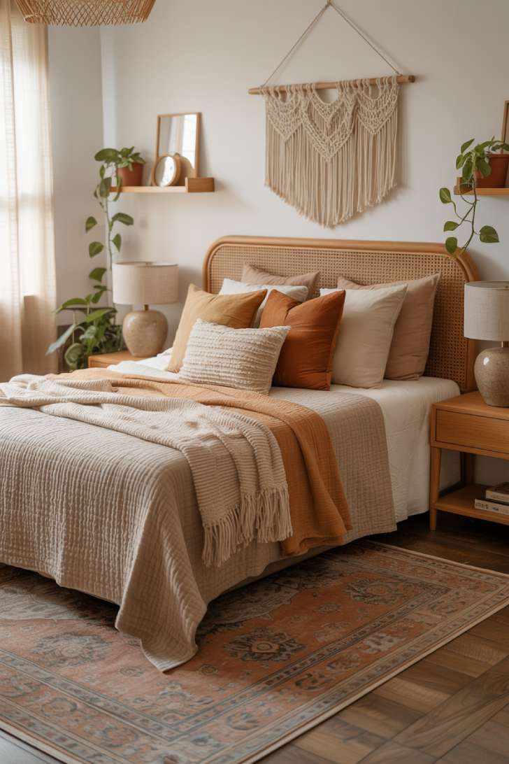 13 Boho Guest Bedroom Ideas That Feel Personal and Inviting 1 Cozy boho guest bedroom with rattan headboard, layered linen bedding, rust and sage pillows, macramé wall hanging, and pothos plants on wooden shelves