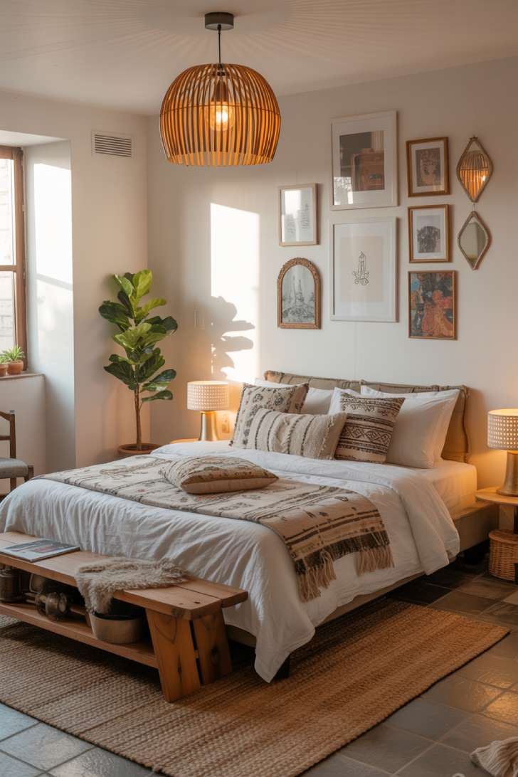 13 Boho Guest Bedroom Ideas That Feel Personal and Inviting 2 Small boho apartment guest bedroom with low platform bed, Moroccan cushions, gallery wall, rattan pendant light, and fiddle leaf fig
