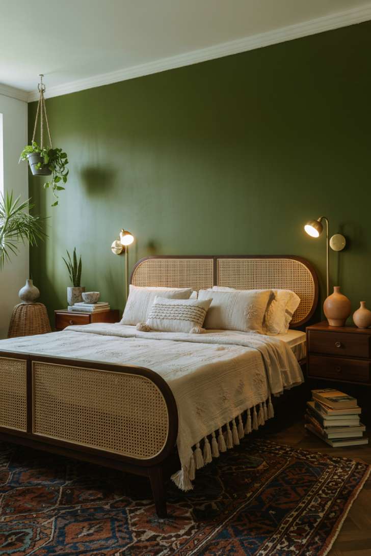 13 Boho Guest Bedroom Ideas That Feel Personal and Inviting 4 Moody boho guest bedroom with olive green accent wall, cane bed frame, cream bedding, brass sconces, and Persian-style rug