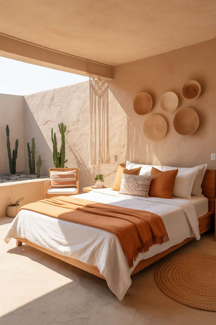 13 Boho Guest Bedroom Ideas That Feel Personal and Inviting 5 Desert-inspired boho guest bedroom with sandy walls, burnt orange throws, woven wall baskets, macramé curtain tiebacks, and cactus plants