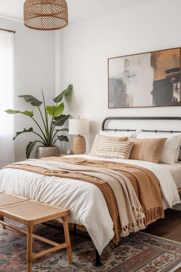 13 Boho Guest Bedroom Ideas That Feel Personal and Inviting 8 Modern boho guest bedroom with black metal bed frame, layered textured blankets, abstract earthy art, rattan bench, and large indoor plant