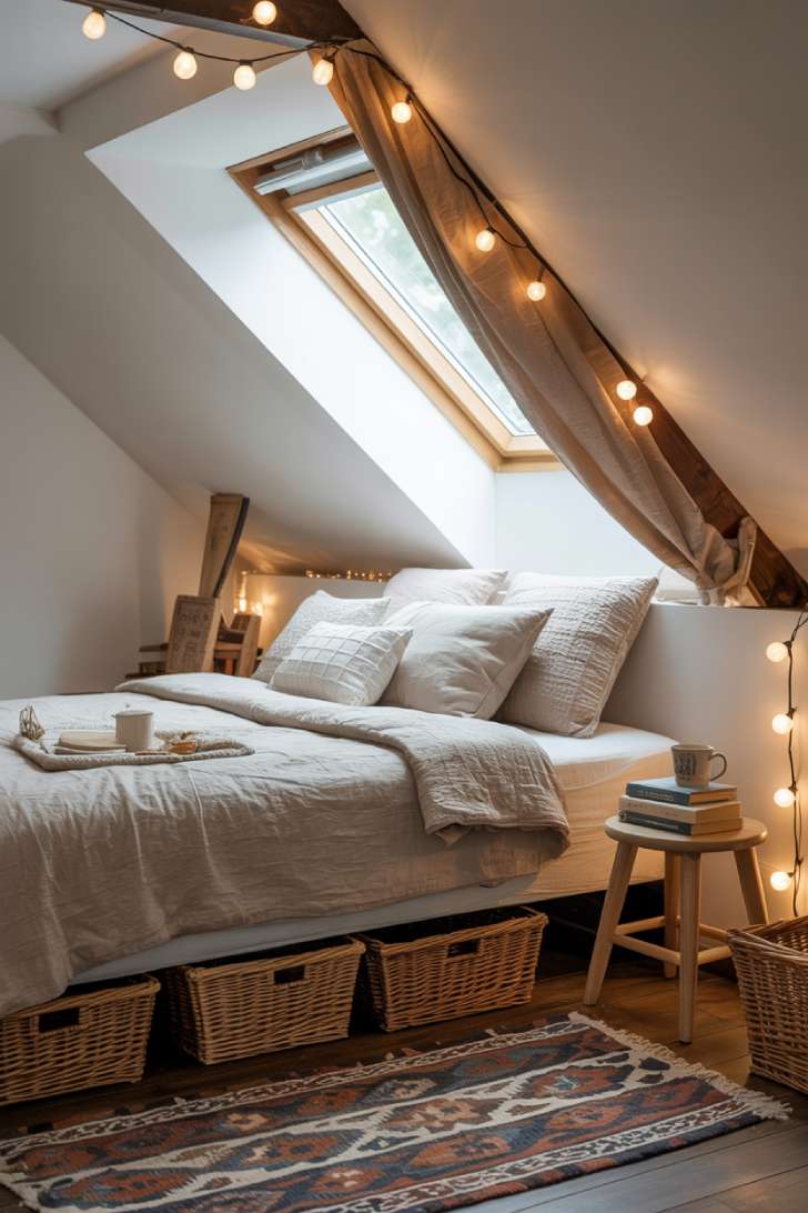 13 Boho Guest Bedroom Ideas That Feel Personal and Inviting 9 Compact attic boho guest bedroom with sloped ceiling, low bed, kilim rug, string lights along the beam, and skylight