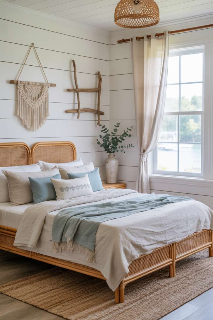 13 Boho Guest Bedroom Ideas That Feel Personal and Inviting 10 Coastal boho guest bedroom with white shiplap walls, rattan bed frame, soft blue linen bedding, seagrass rug, driftwood decor, and billowing sheer curtains