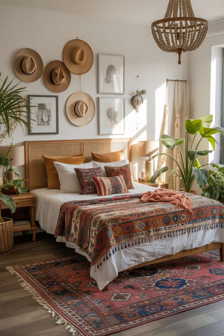 13 Boho Guest Bedroom Ideas That Feel Personal and Inviting 11 Colorful eclectic boho guest bedroom with jewel-toned pillows, carved wood headboard, vintage rug, gallery wall of woven hats and art, and beaded chandelier