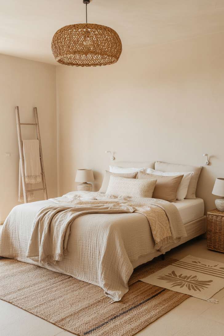 13 Boho Guest Bedroom Ideas That Feel Personal and Inviting 12 Serene neutral boho guest bedroom with cream walls, ivory and taupe linen bedding, wooden ladder with draped blankets, and oversized woven pendant