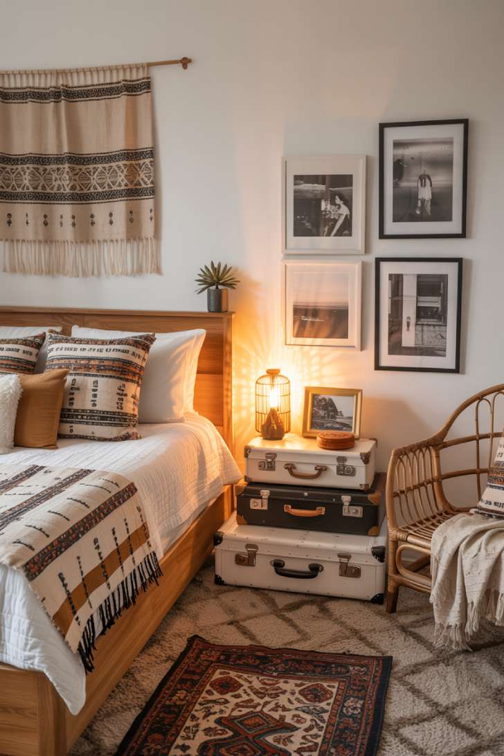 13 Boho Guest Bedroom Ideas That Feel Personal and Inviting 13 Travel-inspired boho guest bedroom with global-patterned textiles, woven wall tapestry, stacked vintage suitcases as nightstand, framed travel photos, and rattan chair