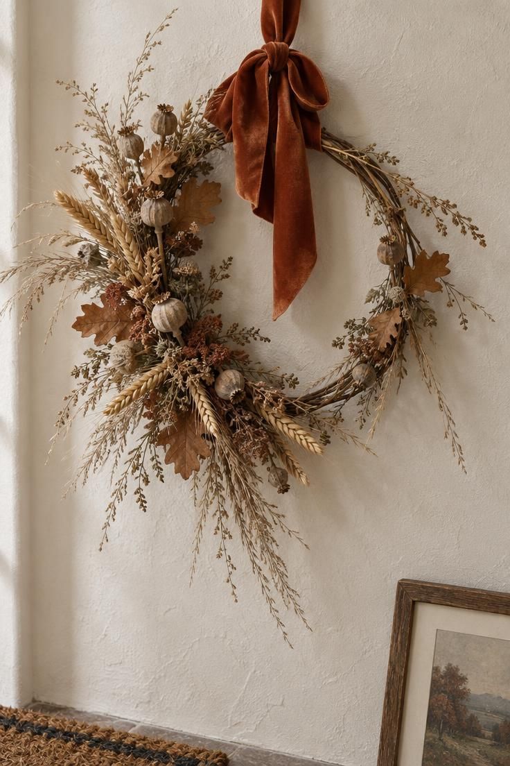 13 Warm Boho Halloween Decor Ideas for a Cozy Home 1 Close-up of a dried grass and seed pod wreath with a rust velvet ribbon on a cream wall above a doormat.