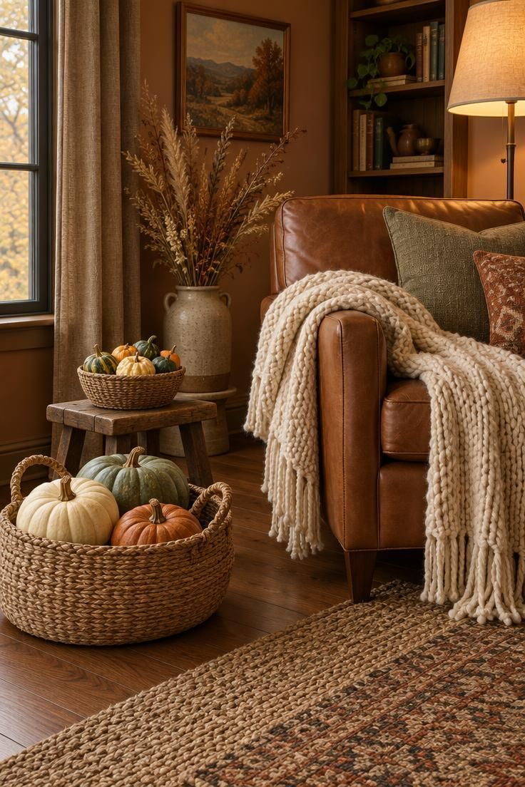 13 Warm Boho Halloween Decor Ideas for a Cozy Home 2 Reading corner with heirloom pumpkins in a seagrass basket on the floor and a smaller gourd basket on a low stool.