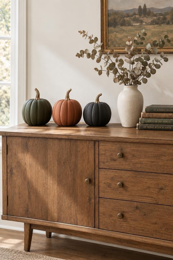 13 Warm Boho Halloween Decor Ideas for a Cozy Home 3 Wooden sideboard with three matte painted pumpkins in olive, terracotta, and black beside a ceramic vase and vintage books.
