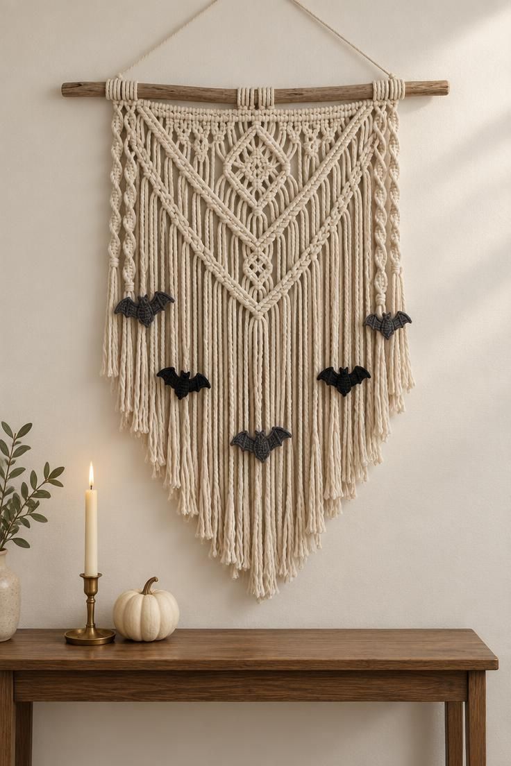 13 Warm Boho Halloween Decor Ideas for a Cozy Home 4 Macrame wall hanging with small woven charcoal bats in its fringe above a console table with a candle and cream pumpkin.