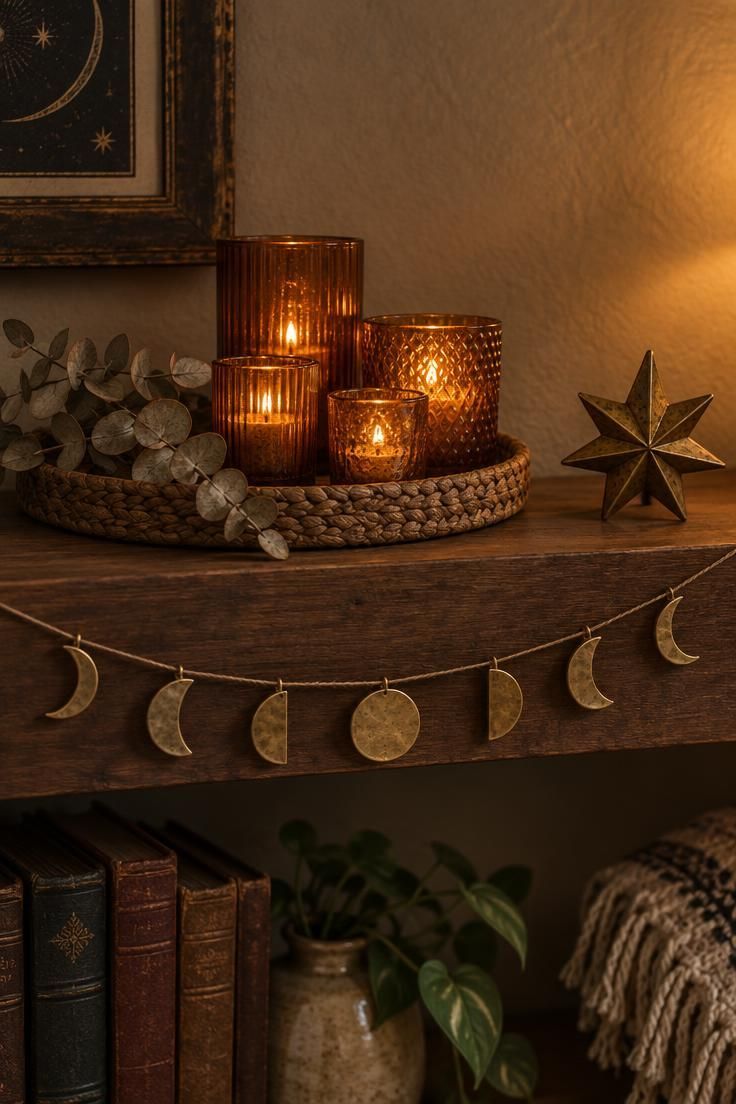13 Warm Boho Halloween Decor Ideas for a Cozy Home 5 Shelf with a moon phase garland, amber glass votives on a woven tray, and a small brass star figurine.