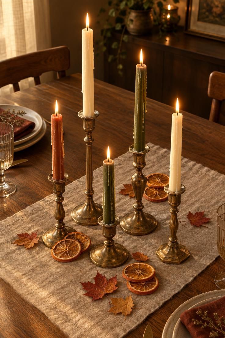 13 Warm Boho Halloween Decor Ideas for a Cozy Home 6 Overhead view of mismatched brass candlesticks with lit tapers and dried orange slices on a linen runner.